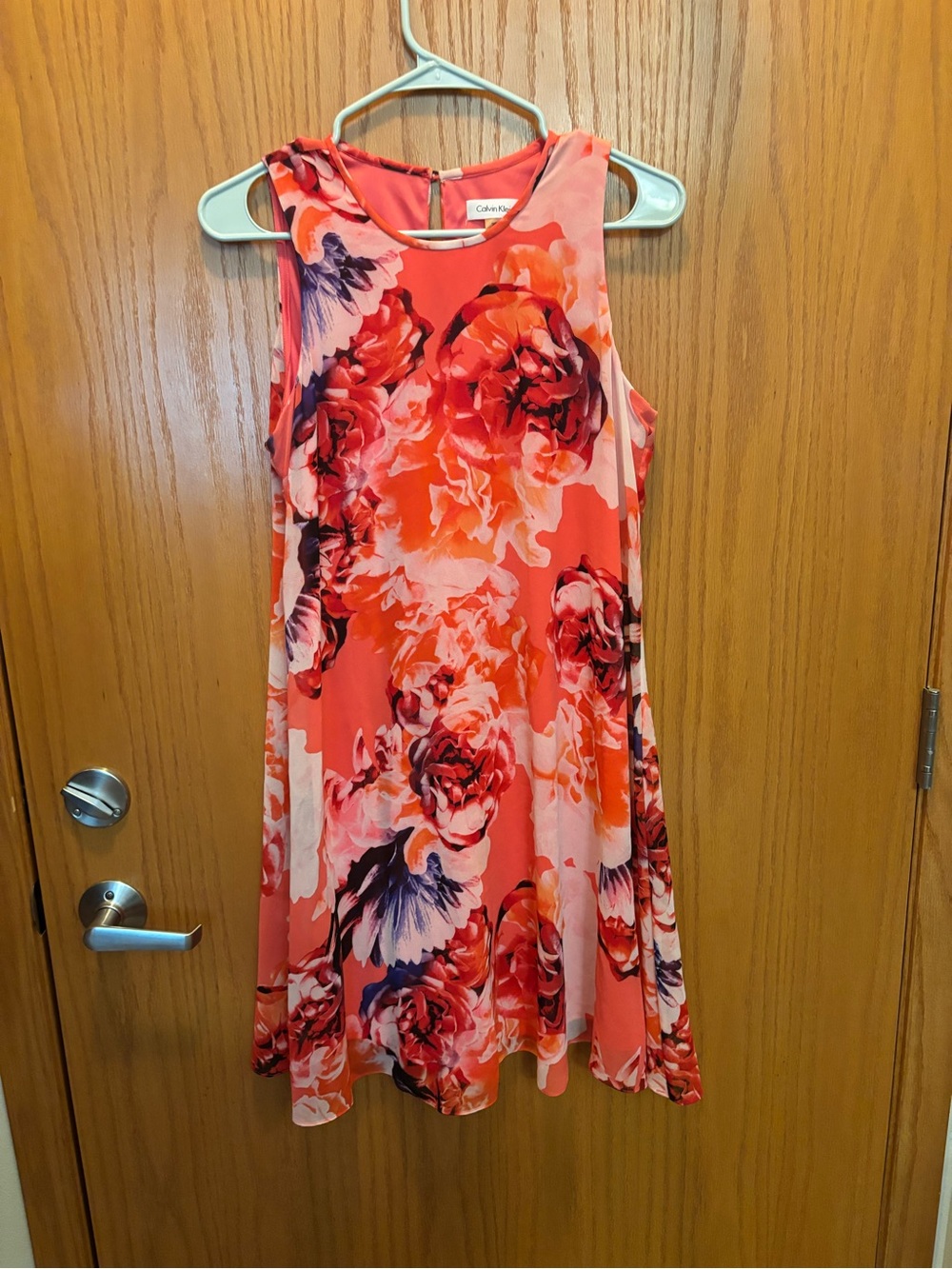 Calvin Klein Coral-Pink Watercolor Floral Sleeveless A-Line Dress